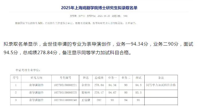 黄晓明上戏考博落榜 金世佳上戏考博上岸