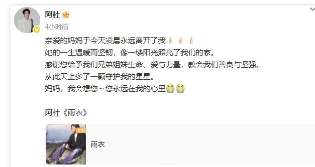 歌手阿杜母亲去世 发文悼念:您永远在我的心里